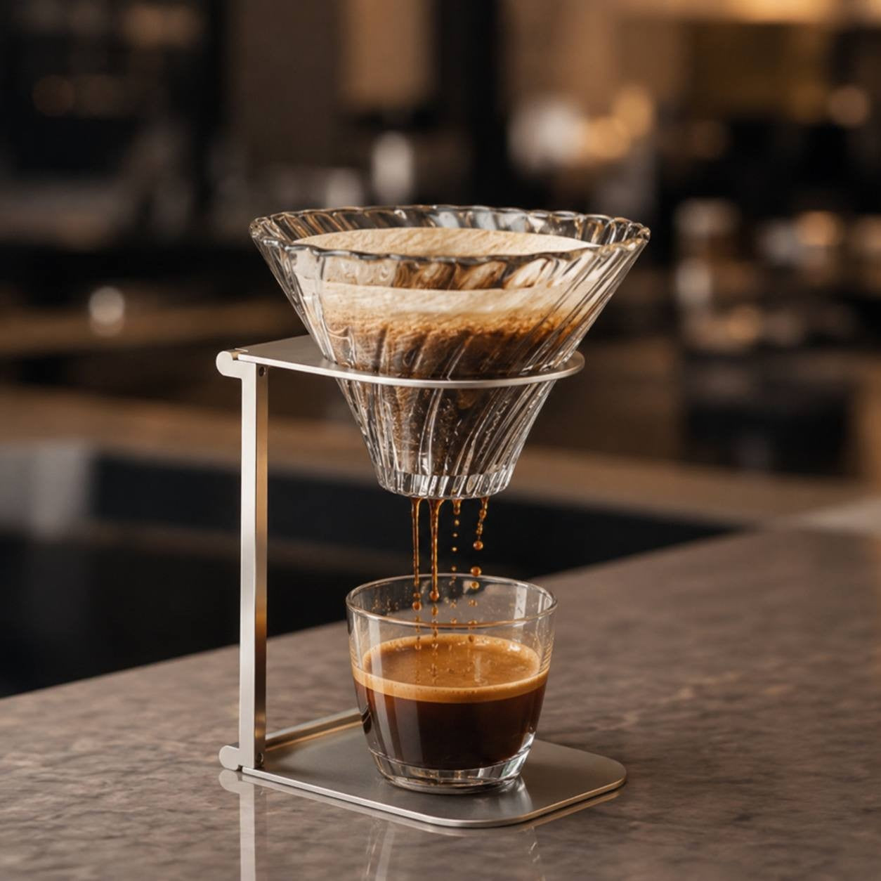 Clear glass V60 coffee dripper mounted on a sleek silver metal stand brewing pour-over coffee into a glass