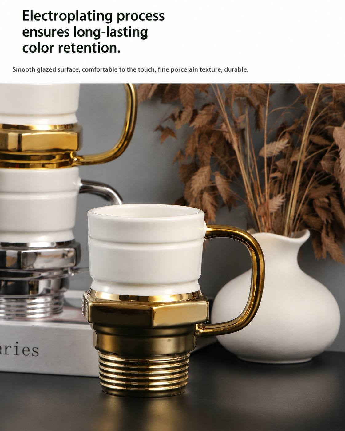 Detailed view of a ceramic coffee mug with a cream-colored top and a shiny metallic gold-colored spark plug base and handle, highlighting the smooth glaze finish and fine porcelain texture.