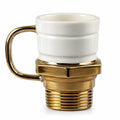 A distinct ceramic coffee mug featuring a metallic gold-colored base, handle, and screw thread design, resembling an automotive glow plug, presented against a clean white background, with a 420ml capacity.