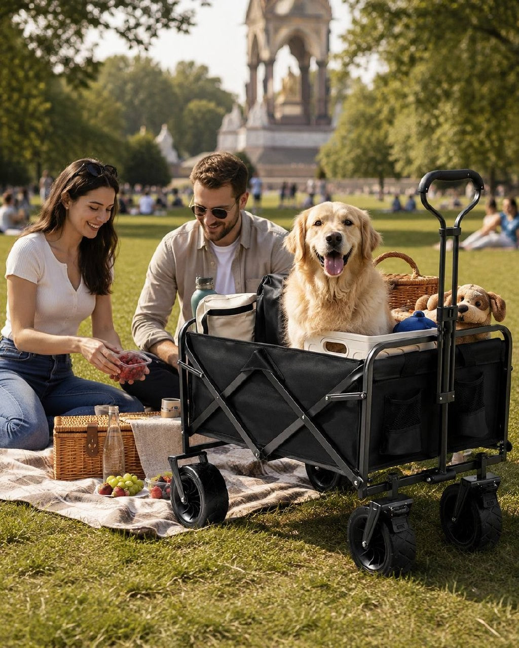 Golden retriever sitting inside a black folding utility wagon during a picnic with a couple on a sunny day in a public park.