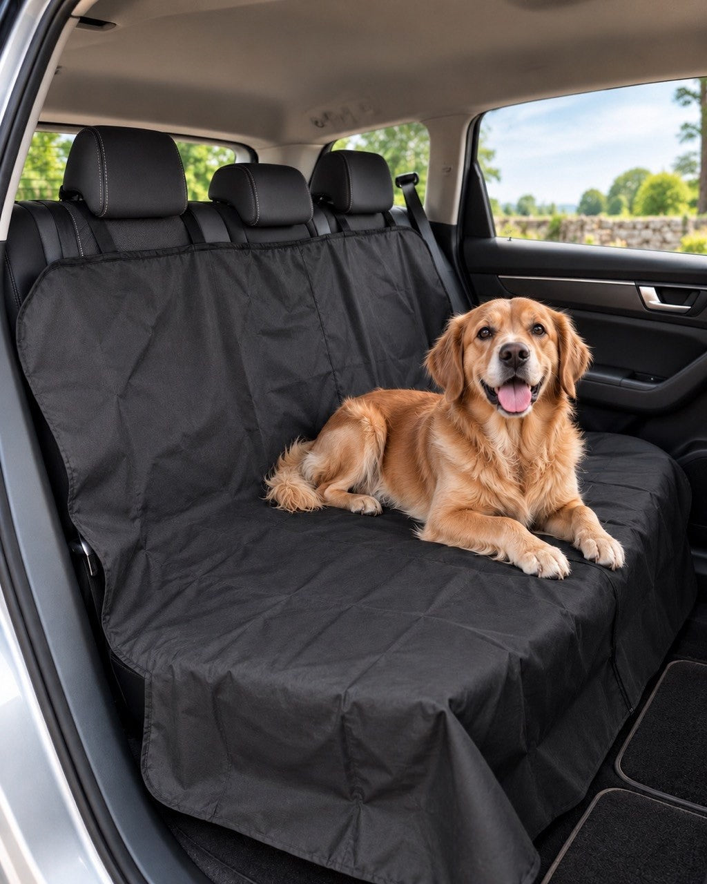 Lifestyle image of a happy golden retriever dog lying on a black waterproof car seat cover installed on the back seat of a car.