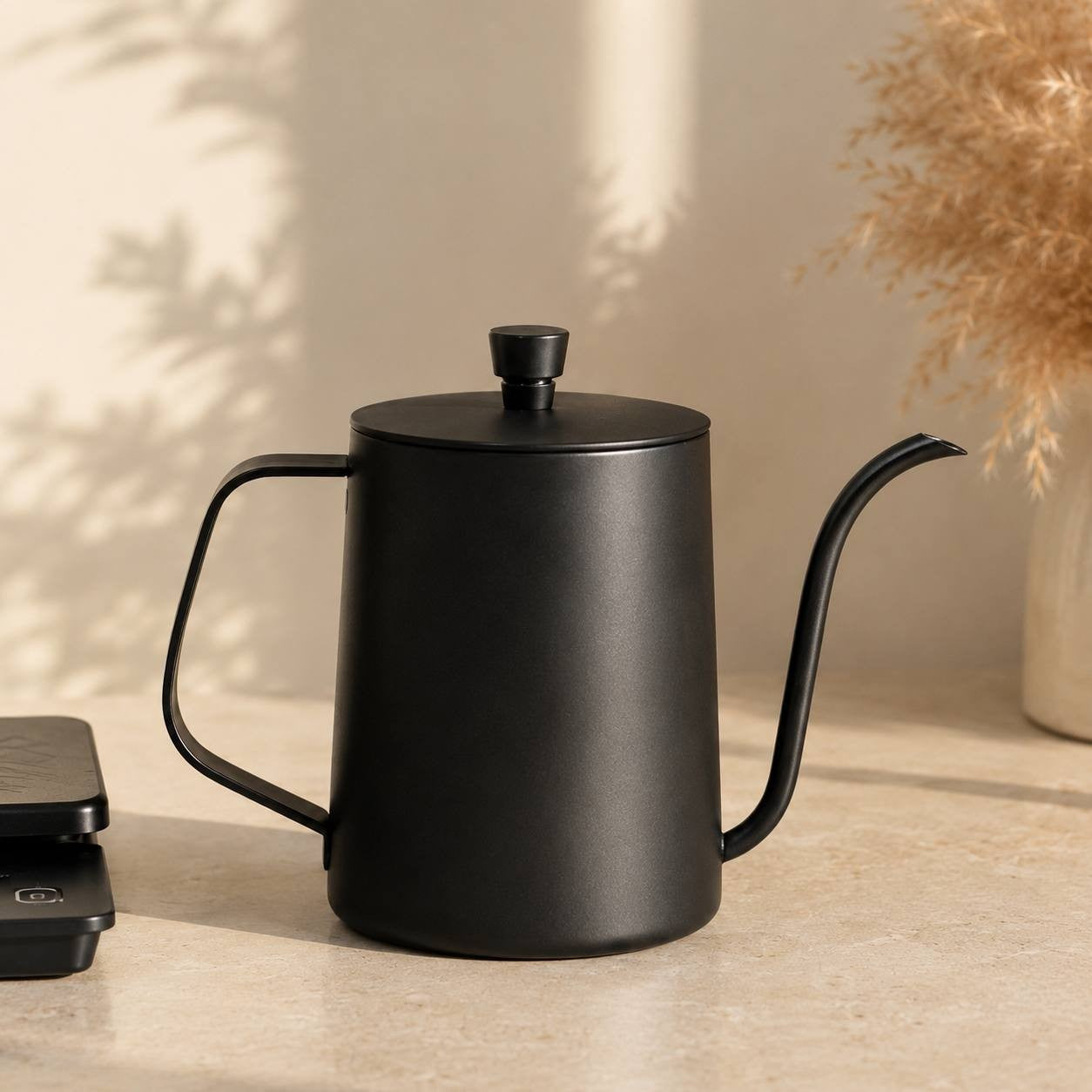 Gooseneck coffee kettle matte black stainless steel.