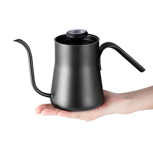 Black gooseneck kettle held in a hand against a white background