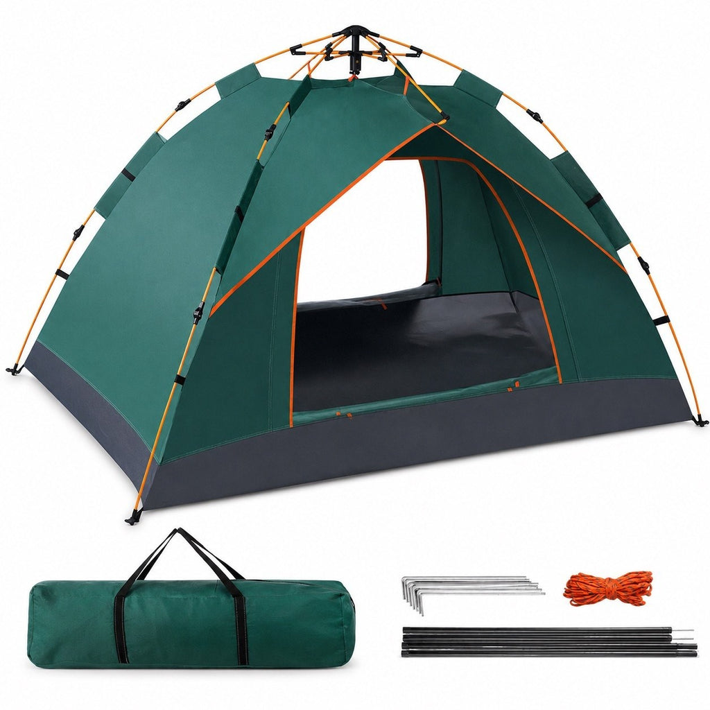 A green automatic camping tent presented alongside its matching carrying bag, metal ground stakes, wind ropes, and replacement poles on a neutral background.