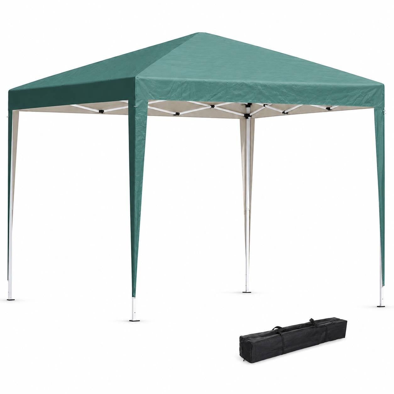 Green pop-up gazebo with a metal frame and canopy, accompanied by a black carry bag, isolated on a white background.