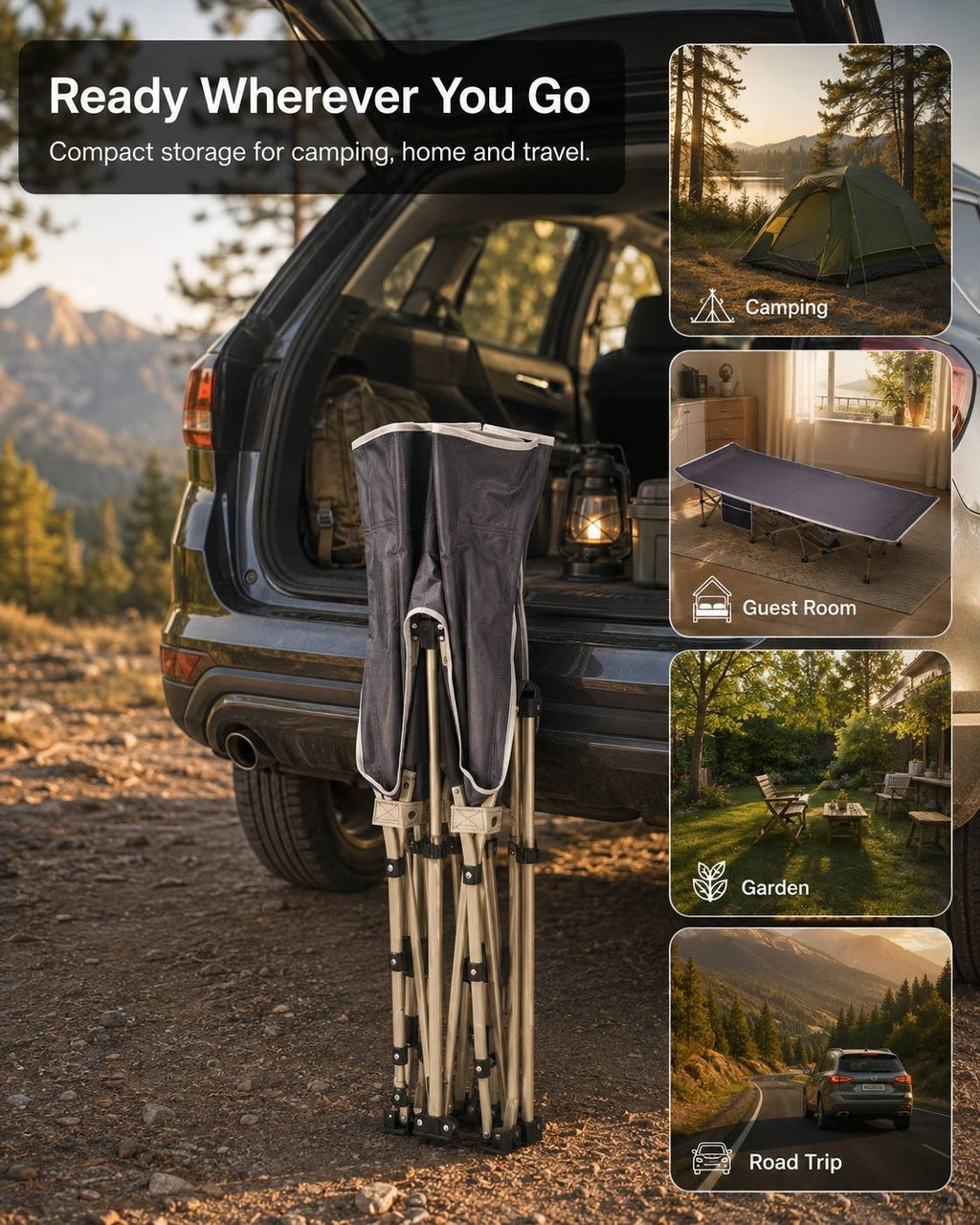 Compact folded grey camping cot standing near an SUV trunk with icons showing camping, guest room, garden, and road trip usage.