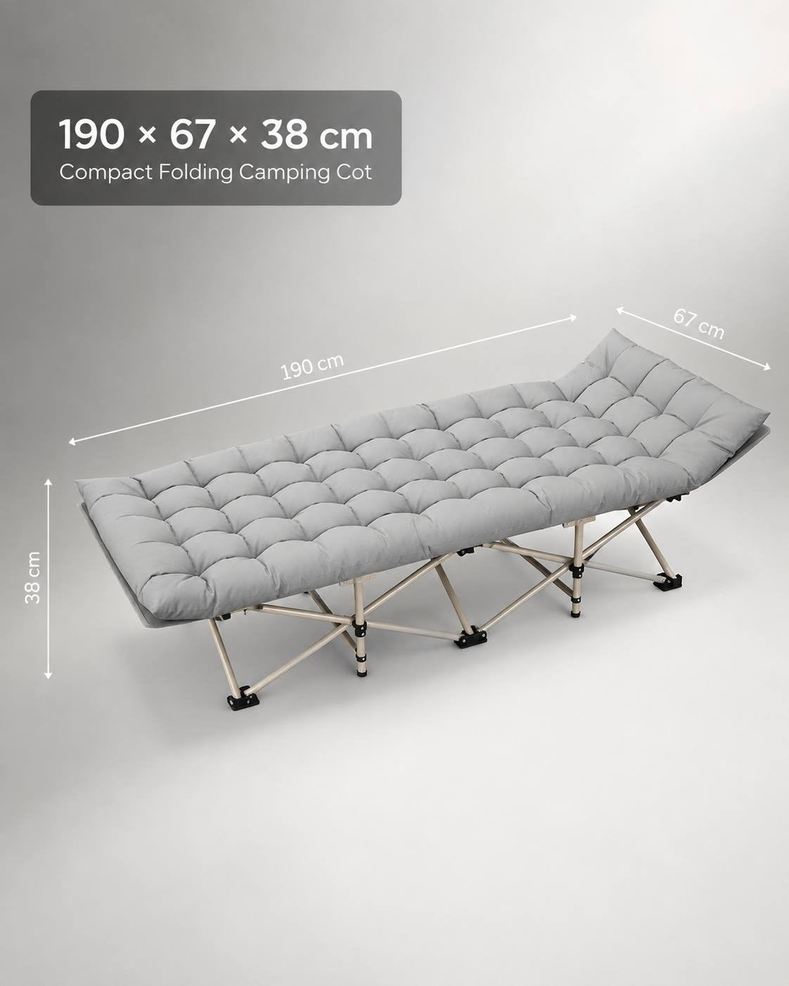Infographic showing the dimensions (190 x 67 x 38 cm) of a compact folding camping cot with a mattress.