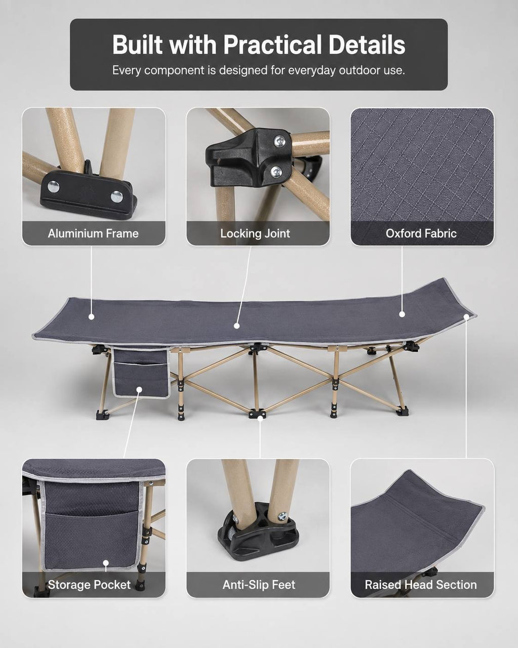 Infographic highlighting the aluminium frame, locking joint, oxford fabric, storage pocket, anti-slip feet, and raised head section of a camping cot.