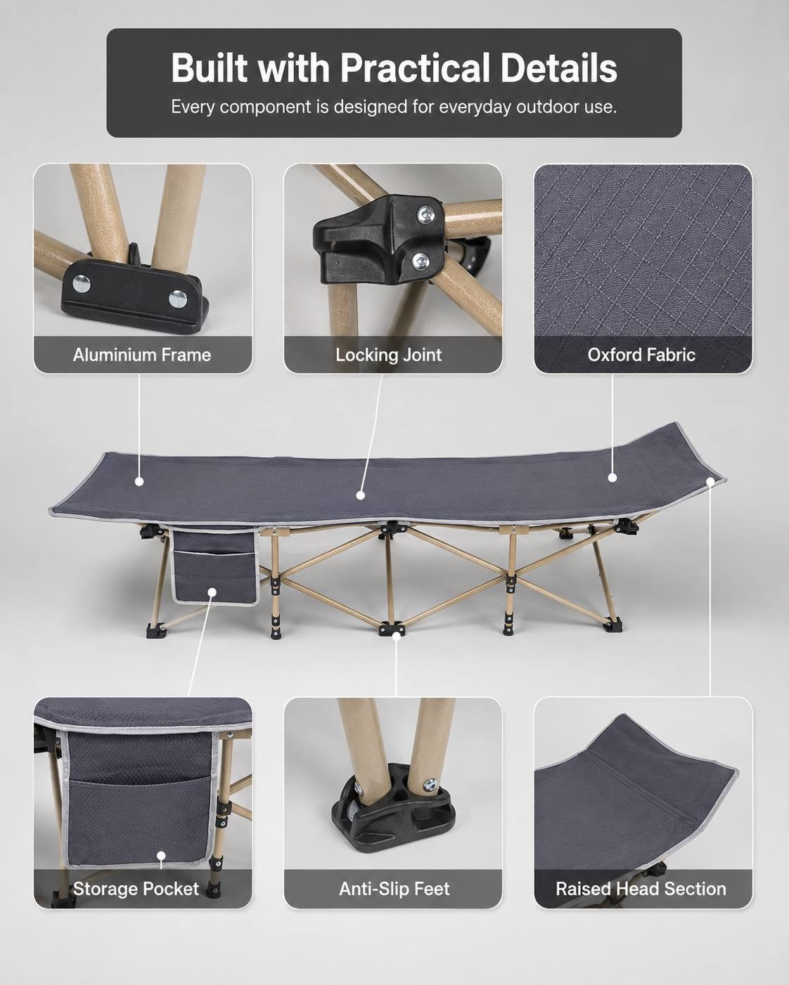 Infographic highlighting the aluminium frame, locking joint, oxford fabric, storage pocket, anti-slip feet, and raised head section of a camping cot.