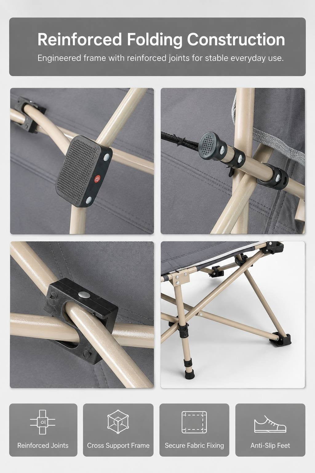 Infographic detailing reinforced joints, a cross-support frame, secure fabric fixing, and anti-slip feet on a camping cot.