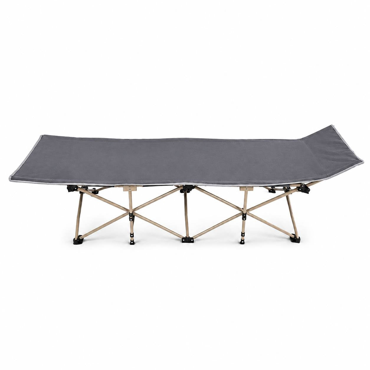 Side view of a grey folding camping cot with an elevated headrest isolated on a white background.