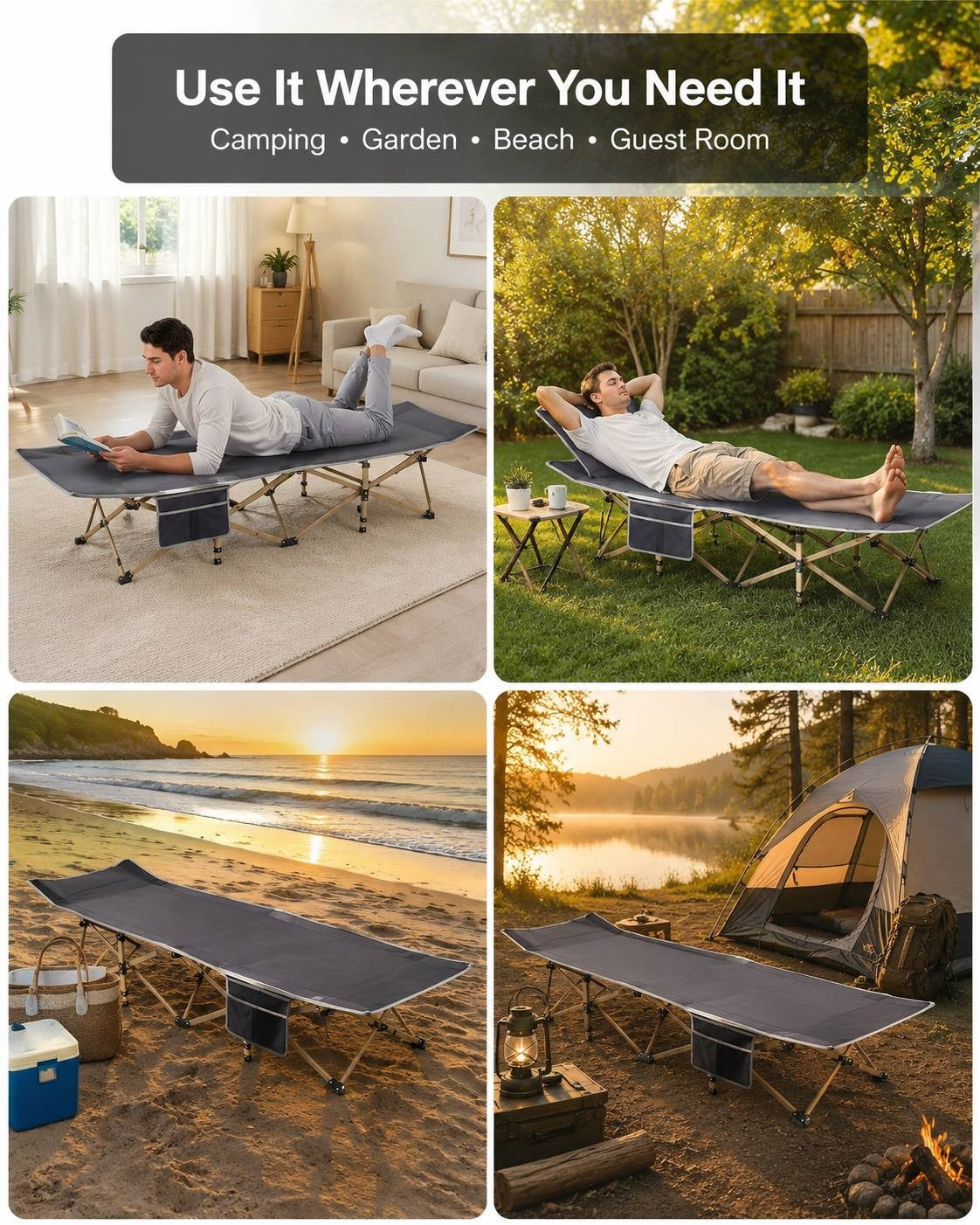 Infographic showing a grey camping cot used in a guest room, garden, on a sandy beach, and at a forest campsite.