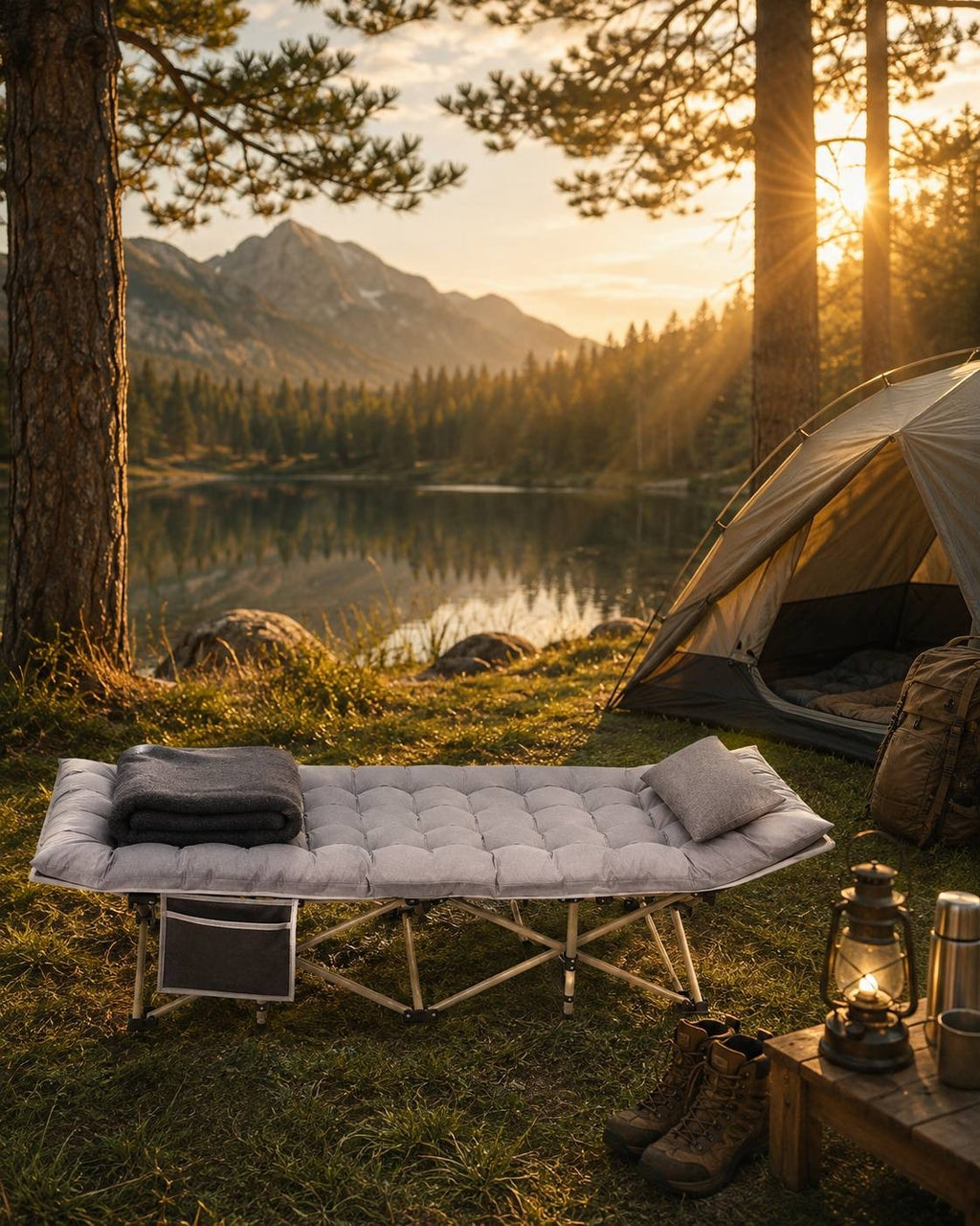 Grey folding camping cot with a quilted mattress, blanket, and pillow set up on grass next to a tent by a lake at sunset.