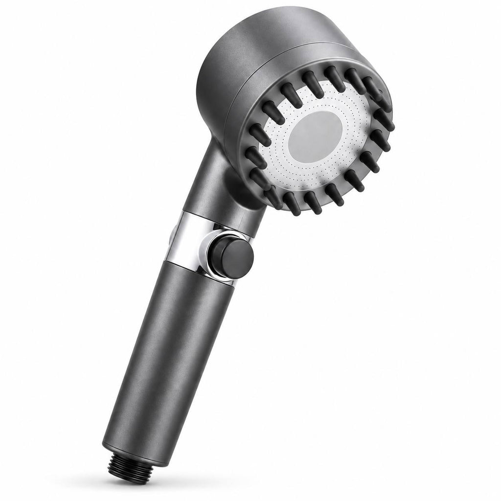 Studio product photo of a grey handheld shower head with silicone massage bristles and a pause/stop button against a clean white background.
