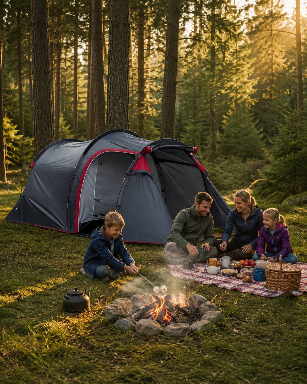 Family sitting around a campfire roasting marshmallows near a grey and red camping tent in a pine forest.