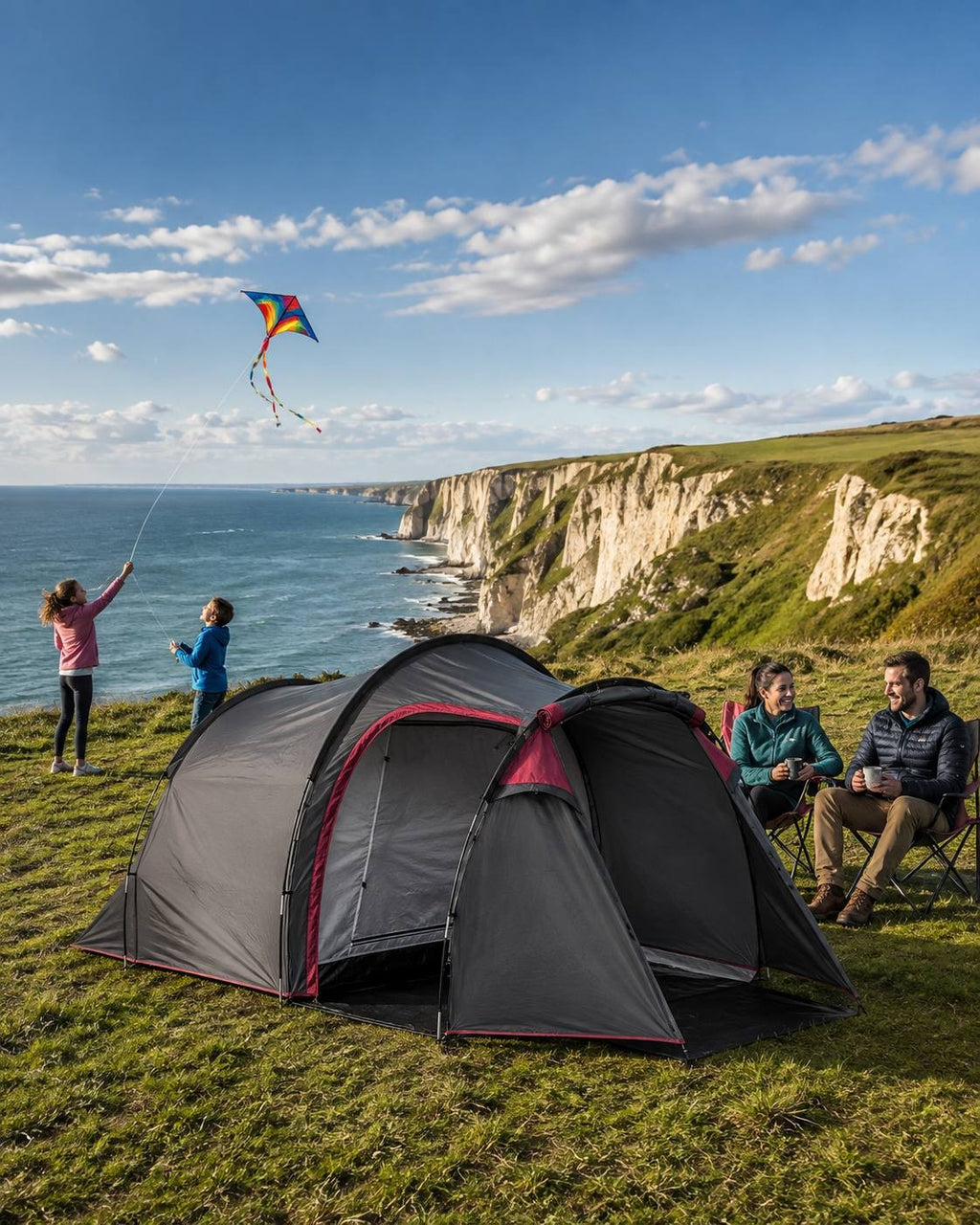 Family camping on a high coastal cliff overlooking the sea, with children flying a kite and parents sitting in chairs.