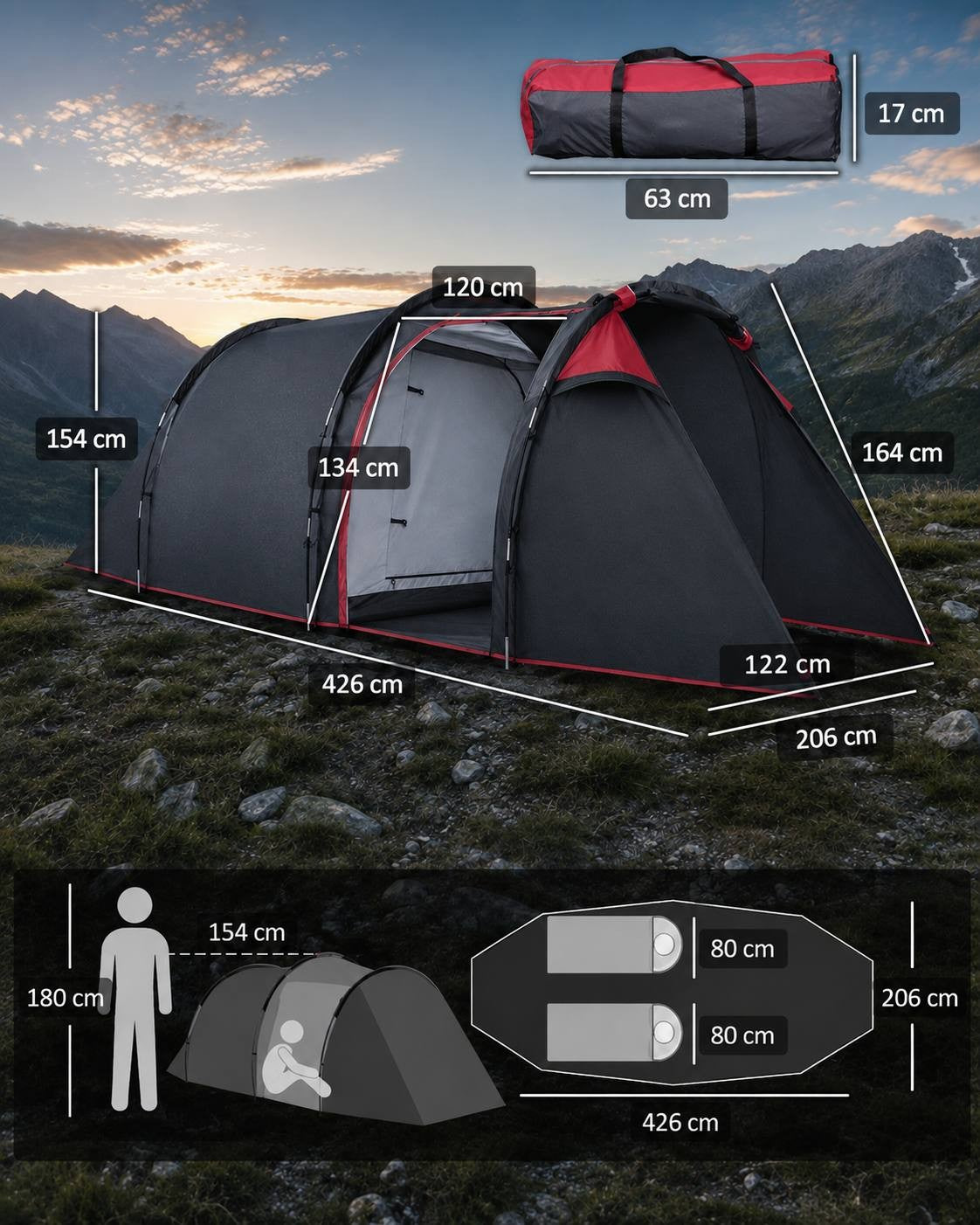 Infographic showing the dimensions and measurements of a grey and red camping tent, including height, length, sleeping area layout, and carry bag size.