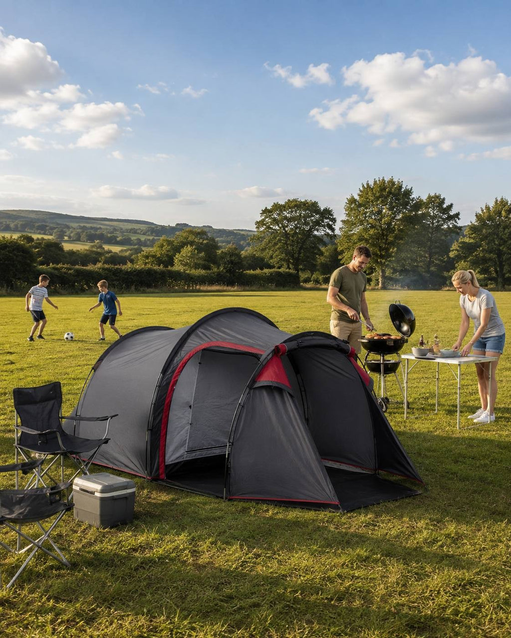 Family camping in a grassy field with parents preparing barbecue at a grill, children playing football, and a grey and red tent.