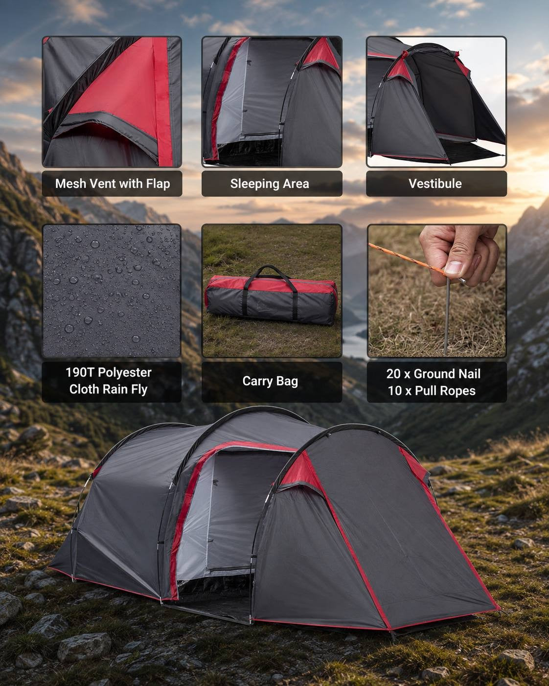Infographic detailing the features of a grey and red camping tent including mesh vents, sleeping area, vestibule, rain fly, carry bag, and ground nails.
