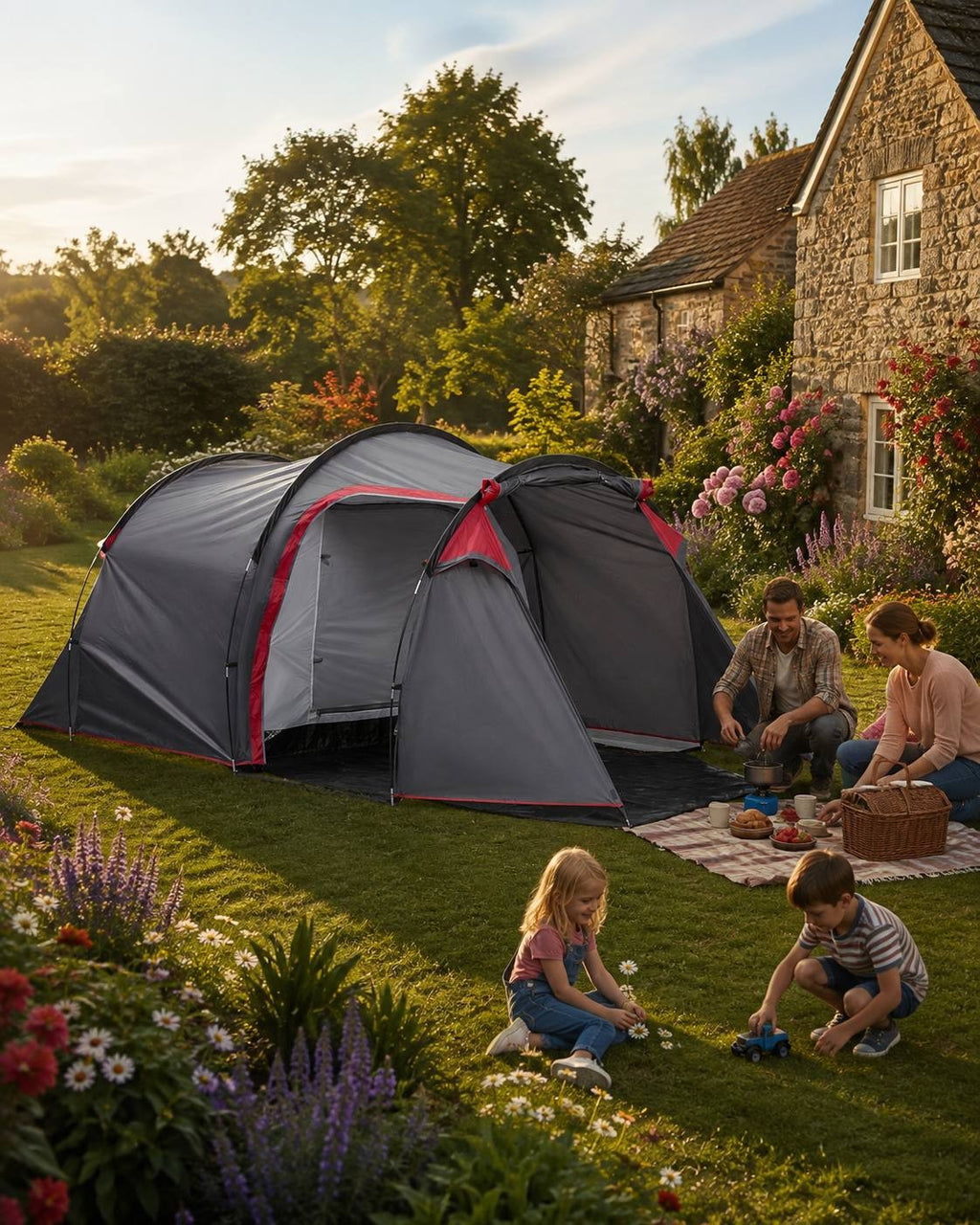 Family having a picnic on the lawn next to a grey and red camping tent in front of a stone house with blooming flowers.