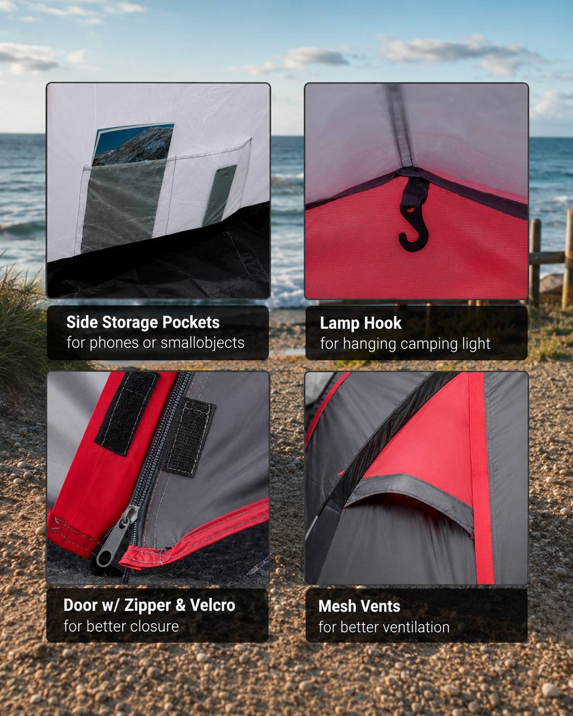 Infographic highlighting the interior features of a grey and red camping tent including side storage pockets, lamp hook, door zipper with velcro, and mesh vents.