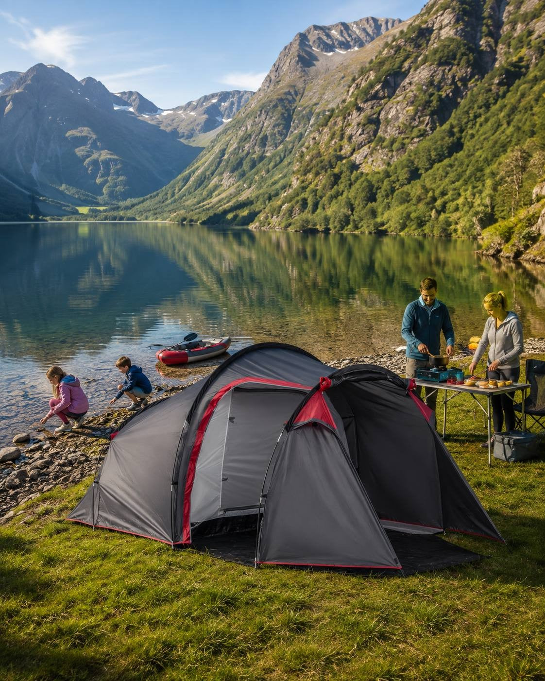 Family camping by a serene lake with mountains in the background, featuring a grey and red tent and children playing by the water.
