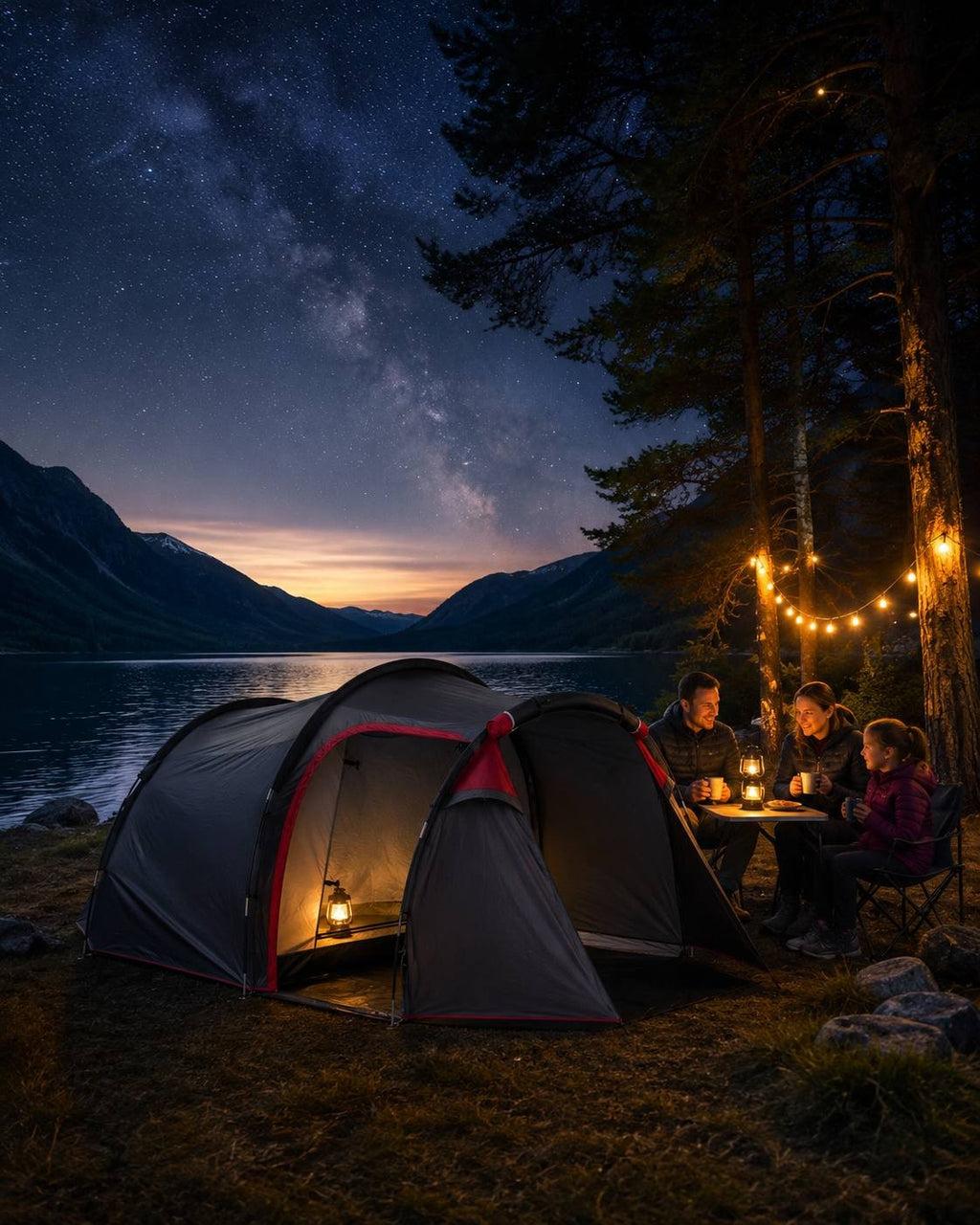 Family sitting at a table by a grey and red camping tent near a lake under a starry night sky with the Milky Way.