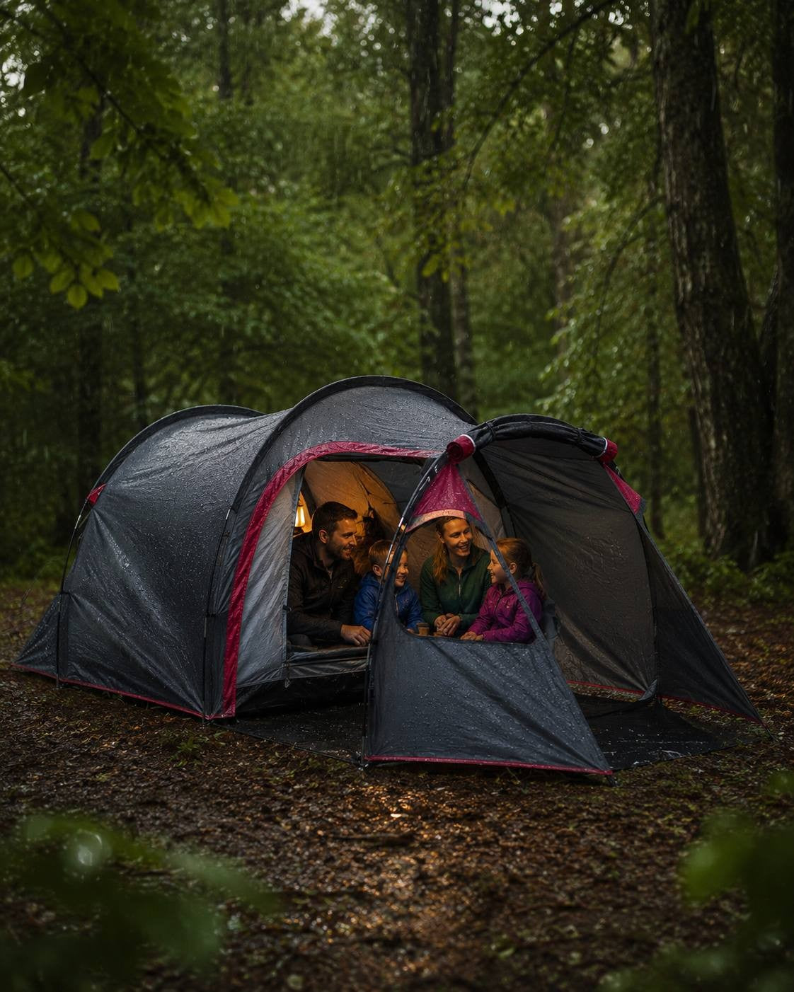 Family sitting inside a grey and red camping tent looking out during rain in a green forest.
