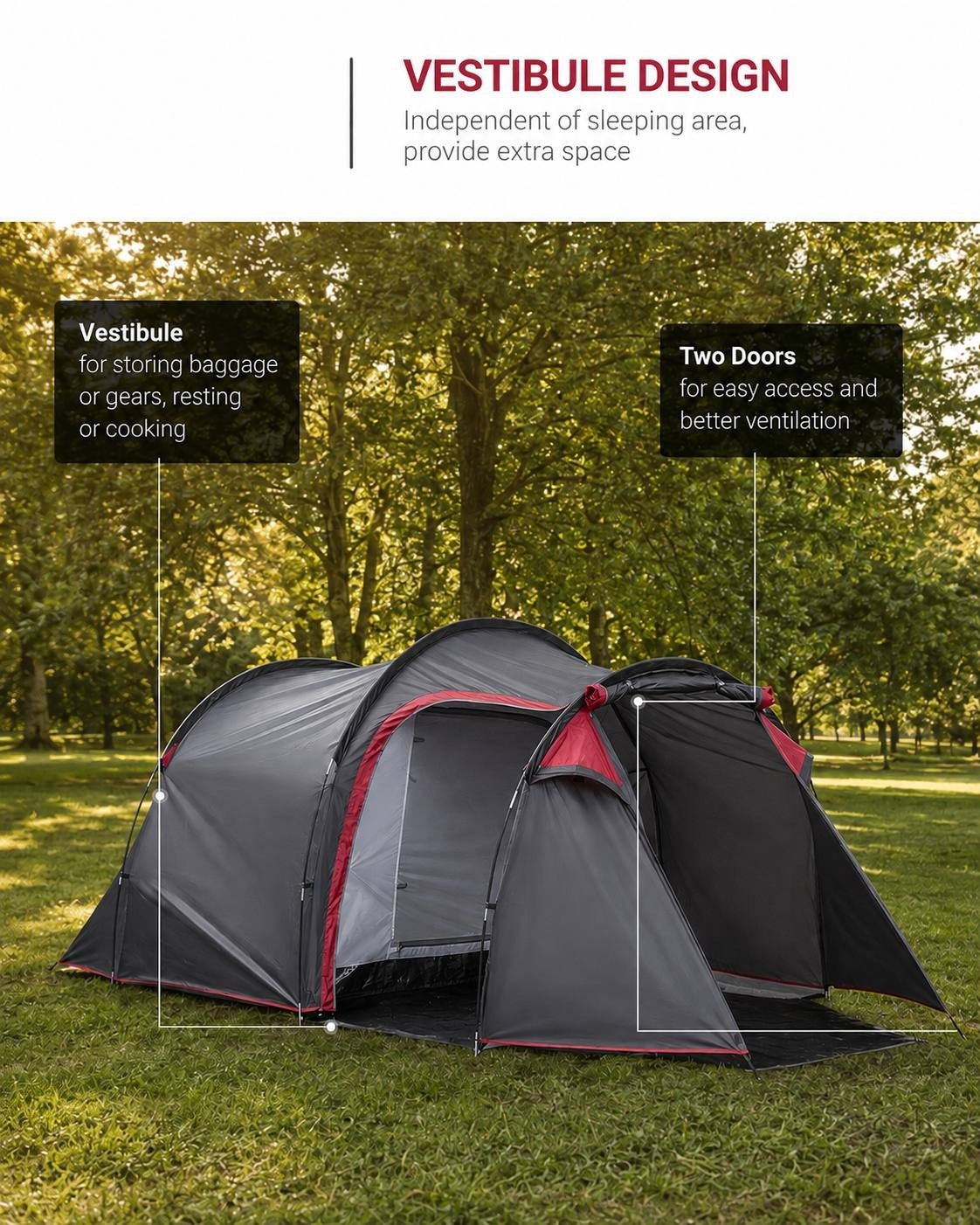 Infographic showing the vestibule design of a grey and red camping tent set up in a forest, highlighting storage and double doors.