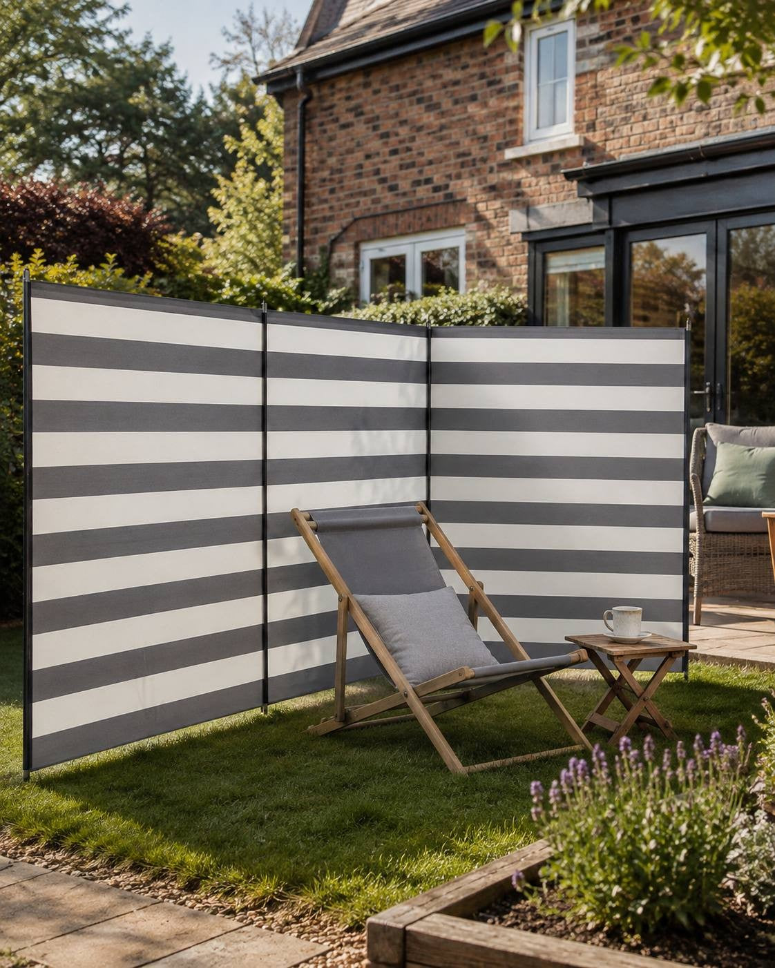Striped grey and white multi-panel camping windbreak set up on a green lawn in a backyard next to a brick house, featuring a wooden deckchair and a small table with a mug.