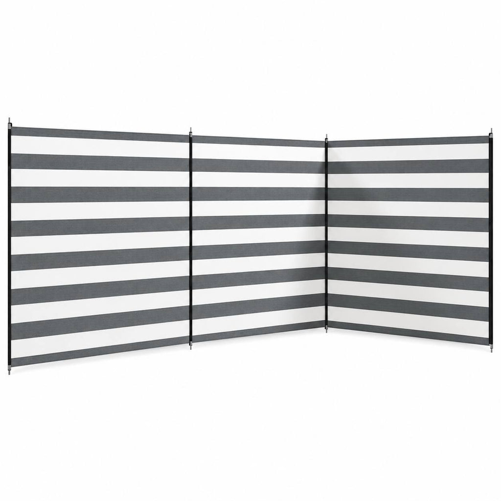 Multi-panel grey and white striped camping windbreak erected in an angled configuration on a pure white background.