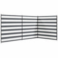 Multi-panel grey and white striped camping windbreak erected in an angled configuration on a pure white background.