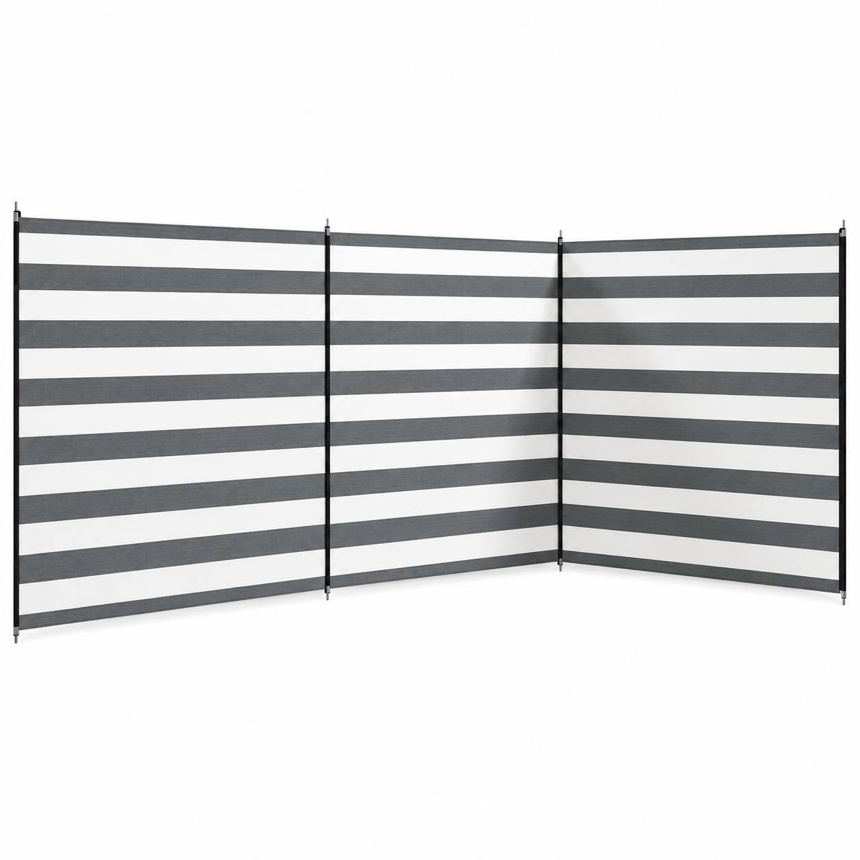 Multi-panel grey and white striped camping windbreak erected in an angled configuration on a pure white background.
