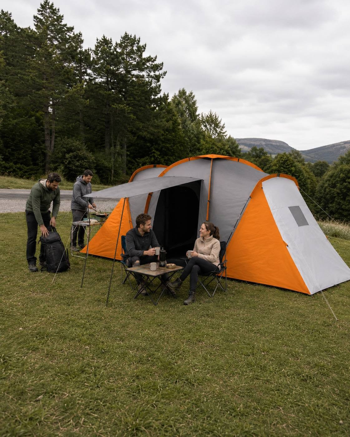 Group of friends camping on grassy terrain with a large orange and grey tent, two people sitting outside drinking from mugs while others handle backpacks and cooking gear.