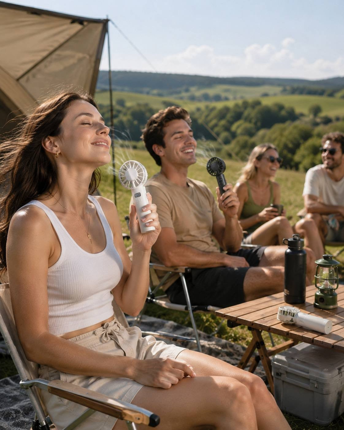 A group of friends camping outdoors in a scenic meadow, with a smiling woman in the foreground enjoying the breeze from a portable handheld cooling fan
