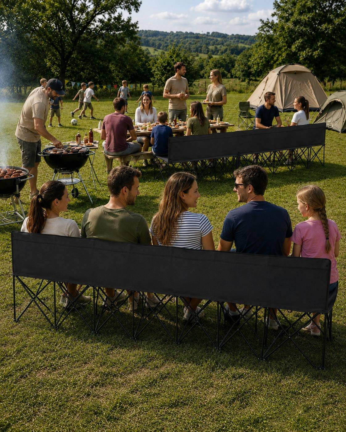 Group of people sitting on long black folding outdoor benches at a campsite during a sunny day, with a barbecue grill and tents in the background.