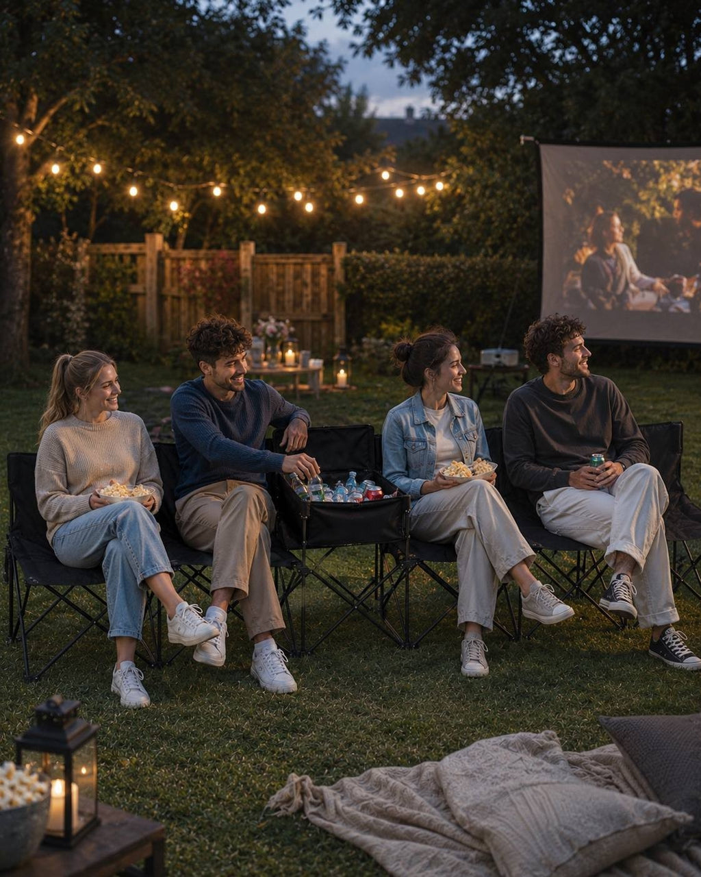 Group of people sitting on black folding outdoor benches eating popcorn and watching a movie on an outdoor projection screen at night under string lights.