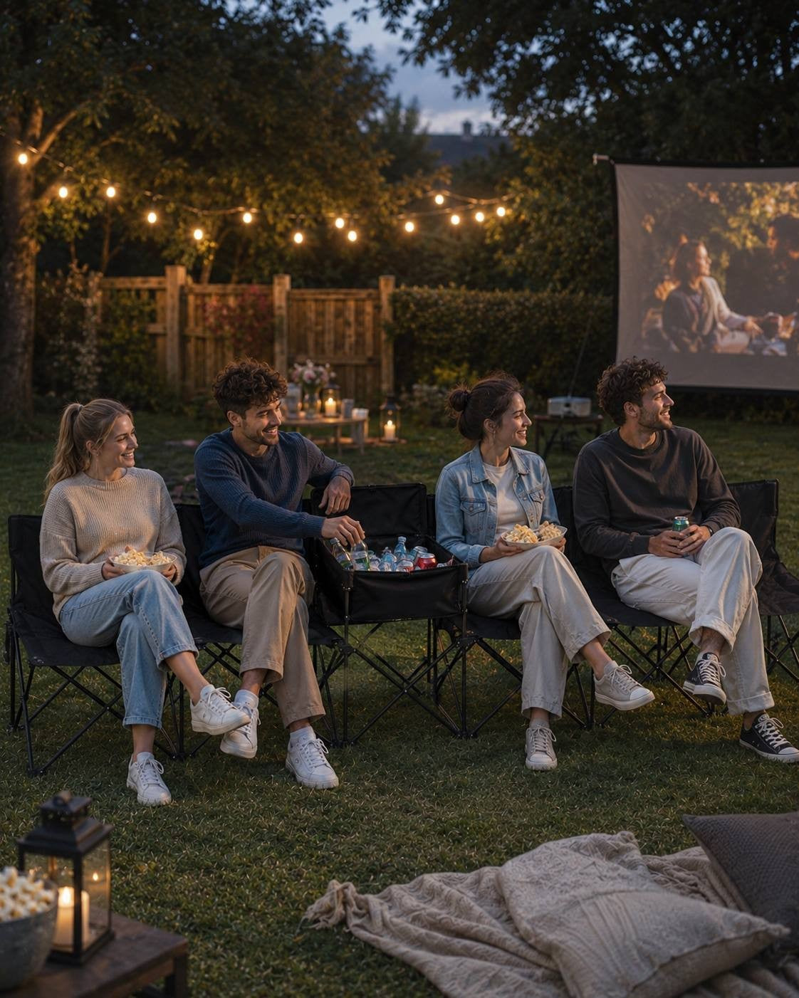 Group of people sitting on black folding outdoor benches eating popcorn and watching a movie on an outdoor projection screen at night under string lights.