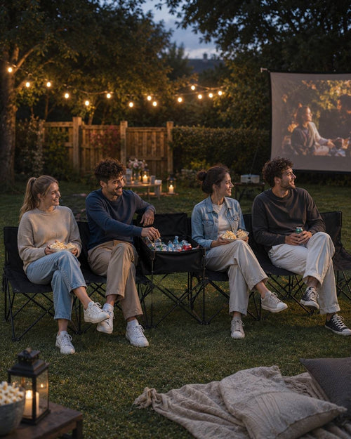 Group of people sitting on black folding outdoor benches eating popcorn and watching a movie on an outdoor projection screen at night under string lights.