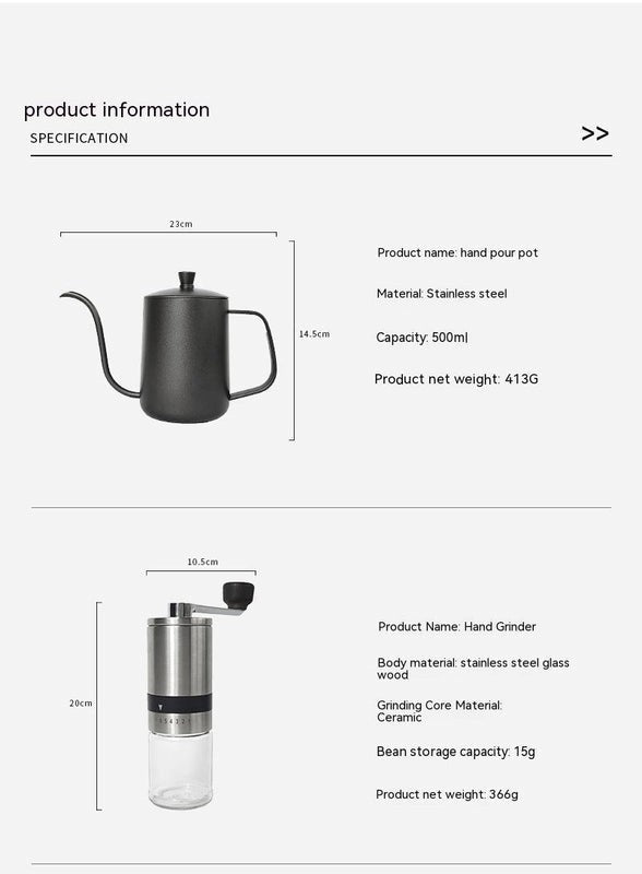 Product specifications for a hand pour pot and hand grinder on a white background
