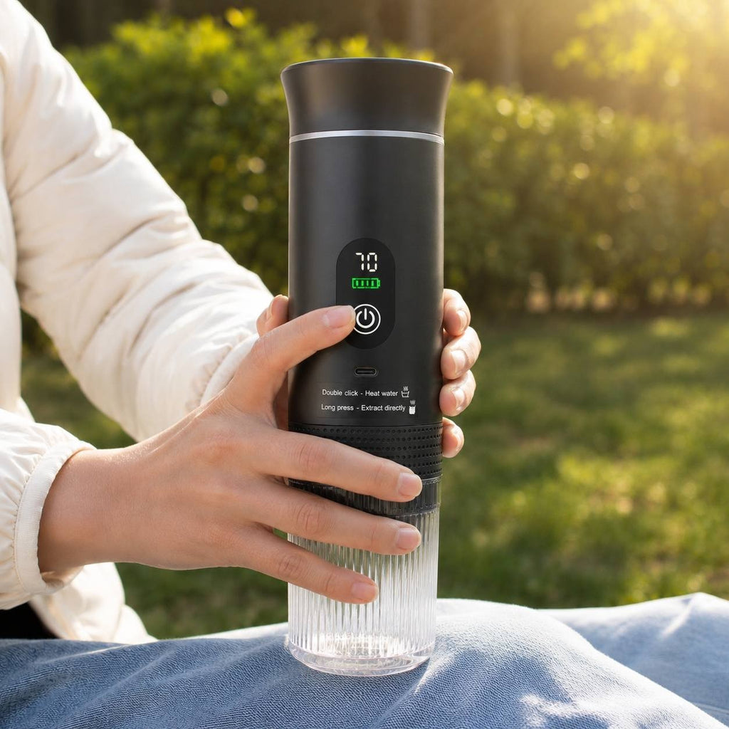 Person holding a black portable electric espresso maker outdoors, showing the digital display.