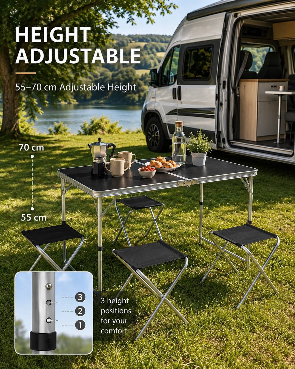 Height-adjustable camping table and stools set up on a lawn next to a white campervan, featuring an inset view of the 3-position adjustable leg mechanism.