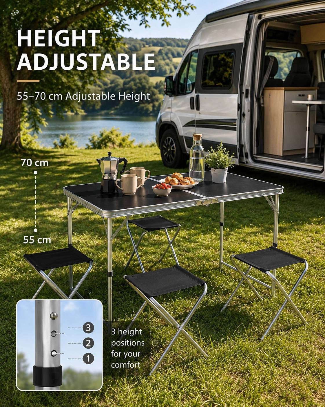 Height-adjustable camping table and stools set up on a lawn next to a white campervan, featuring an inset view of the 3-position adjustable leg mechanism.