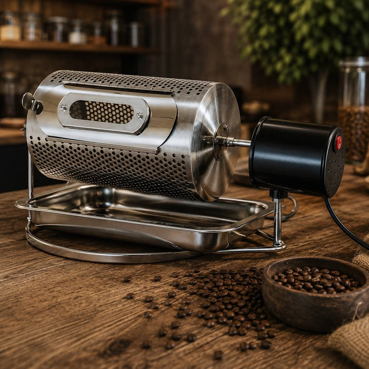 Professional stainless steel coffee roaster set up on a wooden table, ready for roasting fresh green coffee beans.