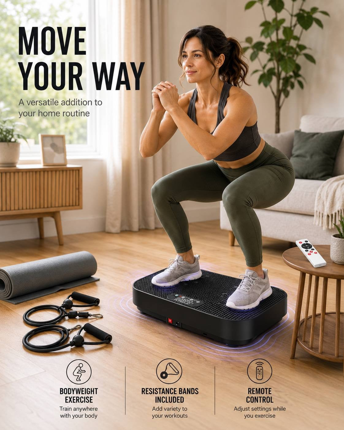 A woman doing a bodyweight squat on a black vibration platform in a cozy living room, next to a set of black resistance bands on the floor and feature icons highlighting bodyweight exercise, included resistance bands, and remote control.