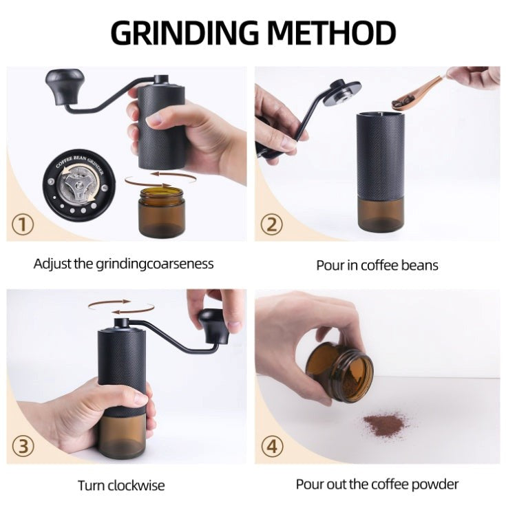Step-by-step guide on using a manual coffee grinder with text labels.