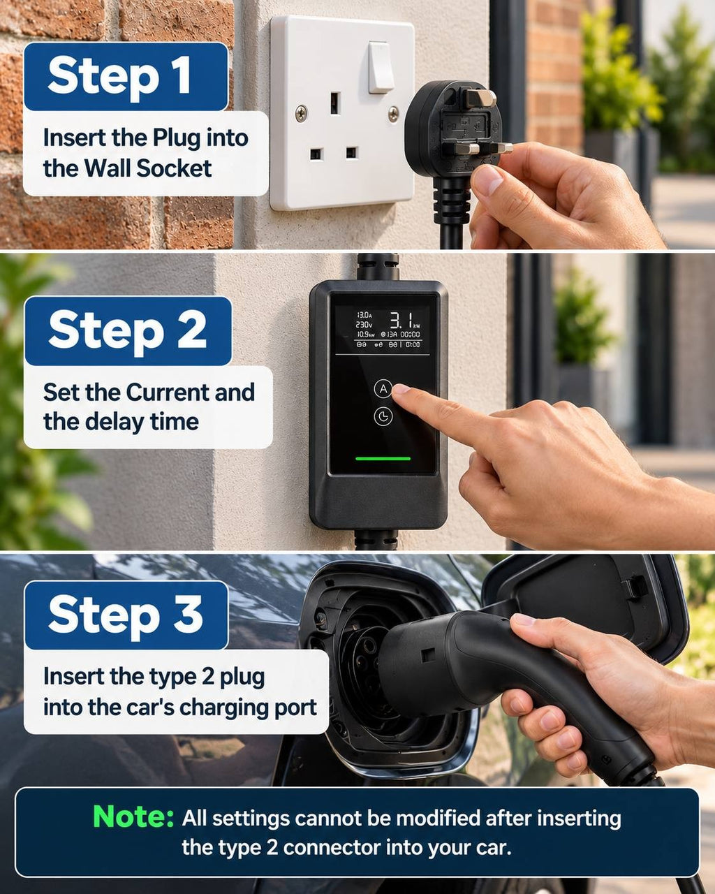 Three-step operational guide showing Step 1: insert the plug into the wall socket, Step 2: set the current and delay time, and Step 3: insert the type 2 plug into the car's charging port