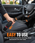Promotional action shot titled "Easy to Use" showing a person wrapping the security lock around a car steering wheel and securing the end into the seatbelt buckle.