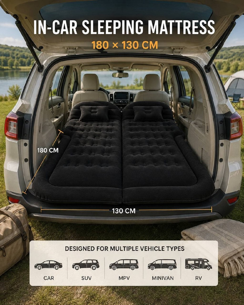 In-car sleeping mattress showing dimensions of 180x130 cm and compatible vehicle types including car, SUV, MPV, minivan, and RV.