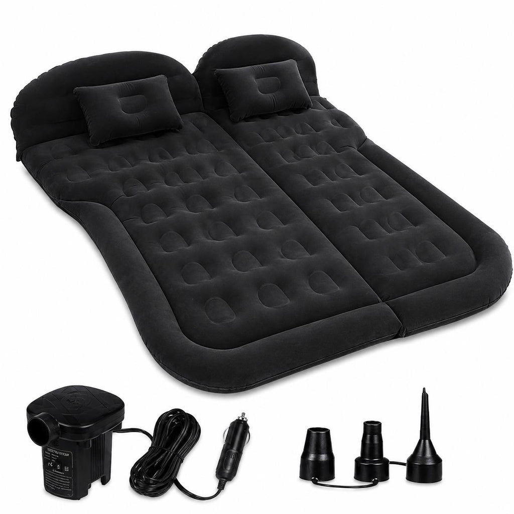 Black inflatable car mattress with two matching pillows, an electric air pump, a power cord, and three nozzle adapters, isolated on a white background.